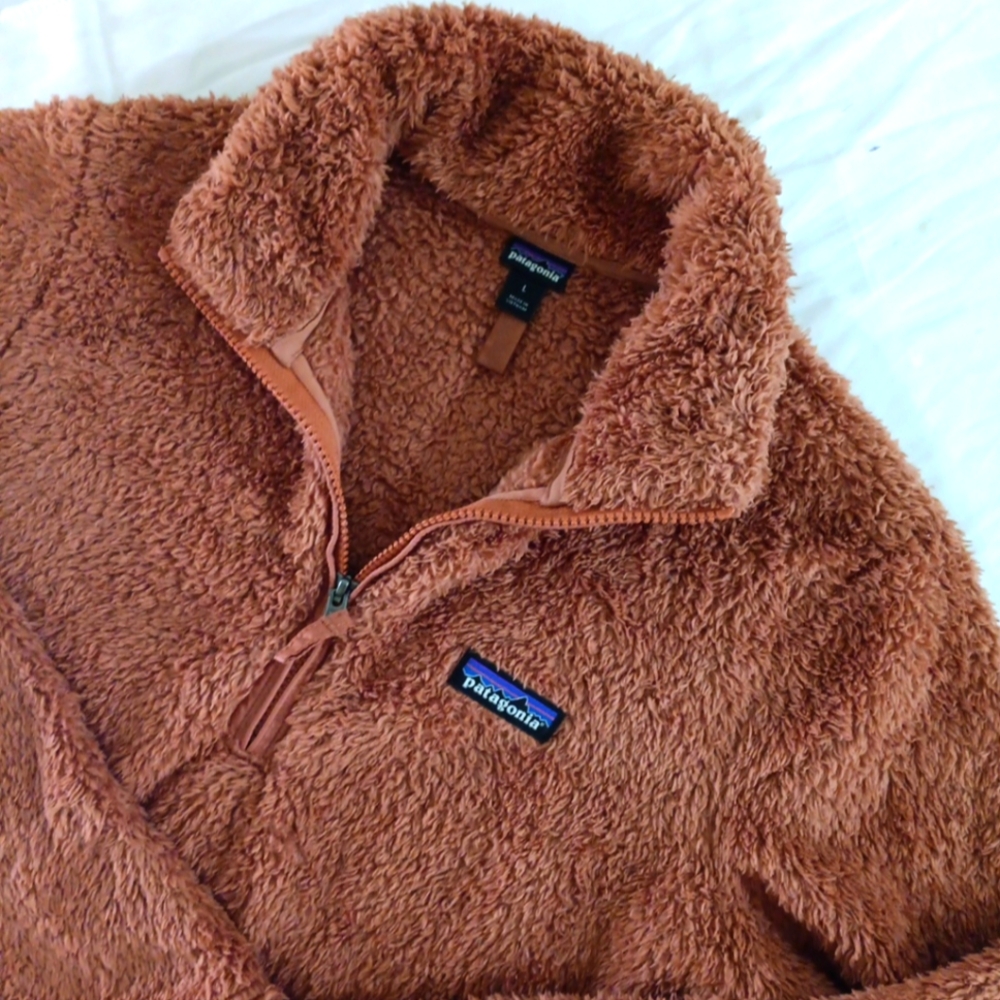 Patagonia Womens Los Gatos Fleece 1/4 Zip Size Large Fuzzy Warm Sweater Orange